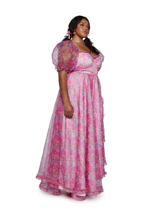 Plus Size Sugar Thrillz Floral Organza Puff Sleeve Maxi Dress Pink