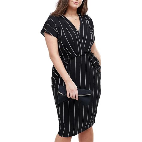 Kissmilk Plus Size Women Office Lady Vertical Stripe Wrap V Neck