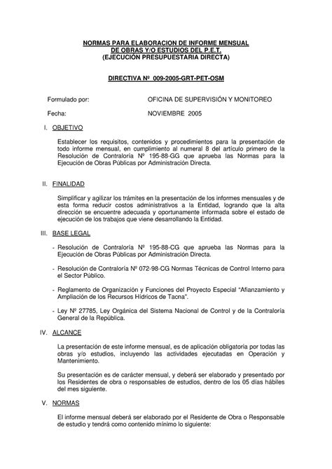 Directiva N09 Elaboracion Informe Mensual Obras NORMAS PARA