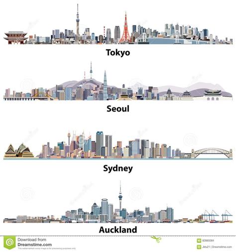 Abstract Illustrations Of Tokyo Seoul Sydney And Auckland Skylines