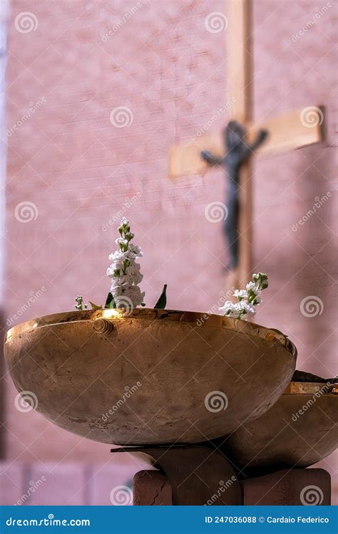 Baptismal Font with Flowers in the Church Stock Photo - Image of crucifix, baptism: 247036088