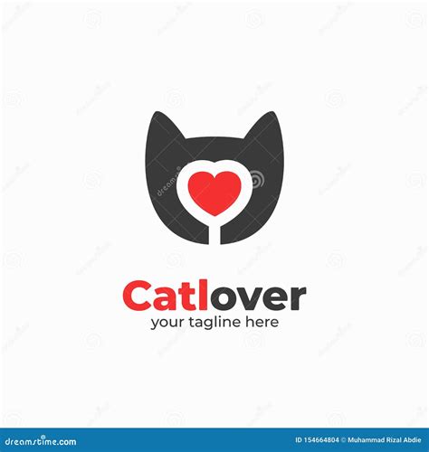 Cat Lover Logo With Cat Head Silhouette And Red Amour Icon Illustration