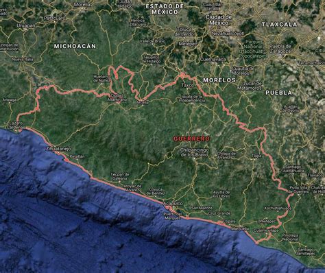 Mapa de Guerrero sin nombres y visto desde vía satelital México