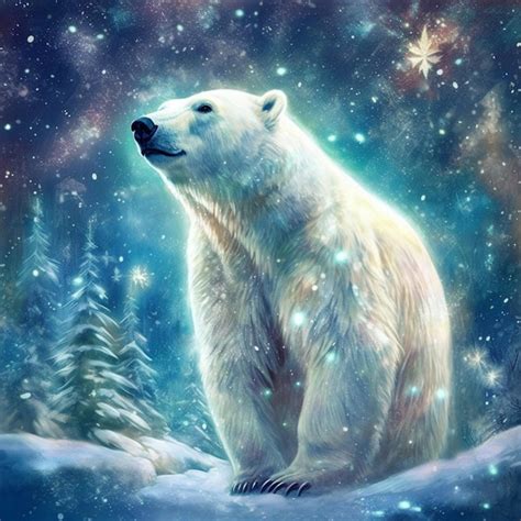 Pintura De Un Oso Polar Sentado En La Nieve Con Un Cielo Estrellado De