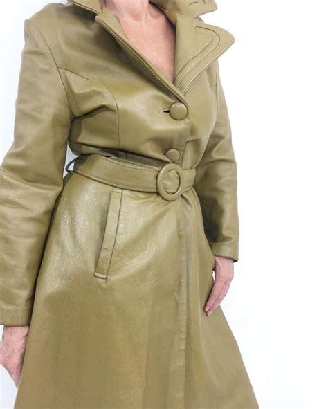 Vintage 60s Butterscotch Olive Green Leather Trench Coat