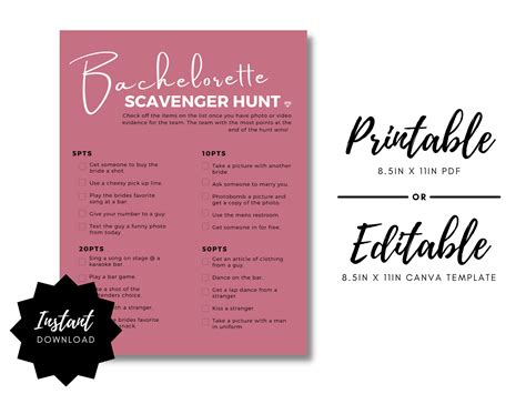 Bachelorette Game Scavenger Hunt Printable Canva Template Instant