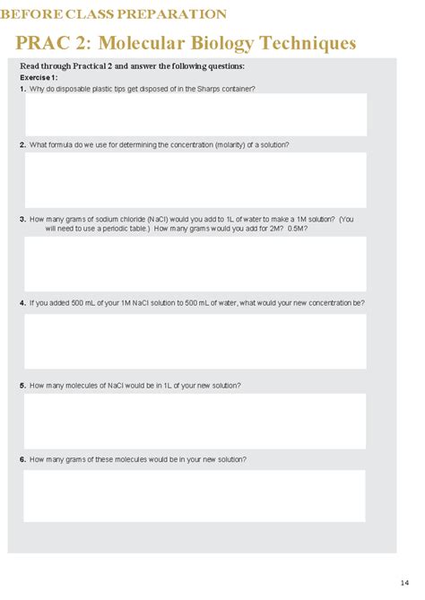 Biol Prac Molecular Biology Techniques Before Class