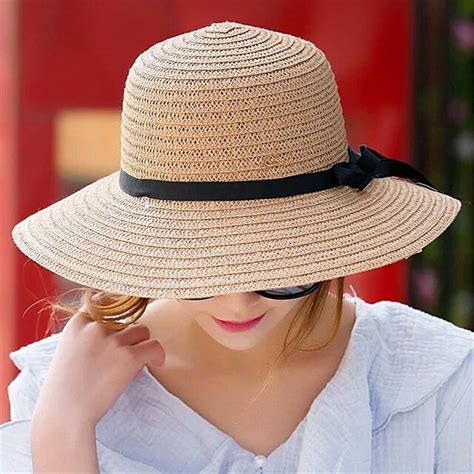 Floppy Foldable Ladies Women Straw Beach Sun Summer Hat Beige Wide Brim