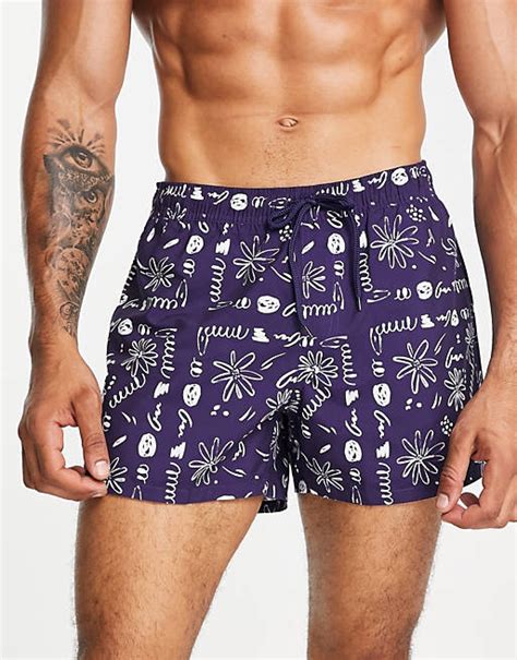 Asos Design Swim Shorts In Short Length With Scribble Floral Print In Navy Asos