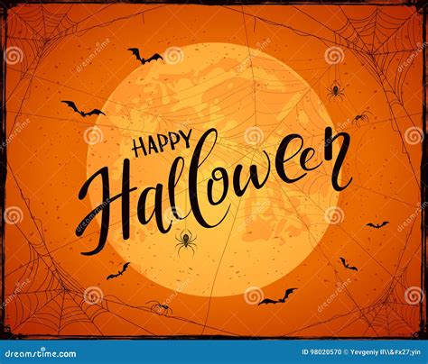 Lettering Happy Halloween On Orange Grunge Background With Moon Stock