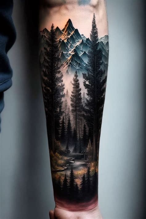 Forest And Mountains Tattoo In Realism On The Forearms Skull Sleeve