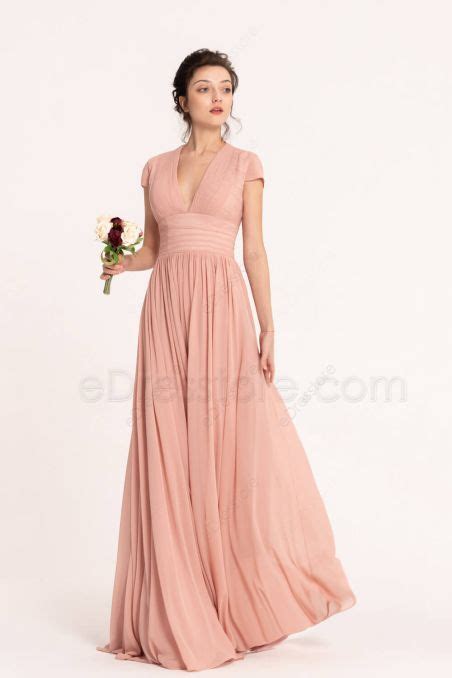 Nostalgia Rose Color Modest Bridesmaid Dresses Cap Sleeves Edresstore