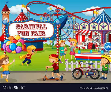 An Outdoor Funfair Scene With Many Children Vector Image