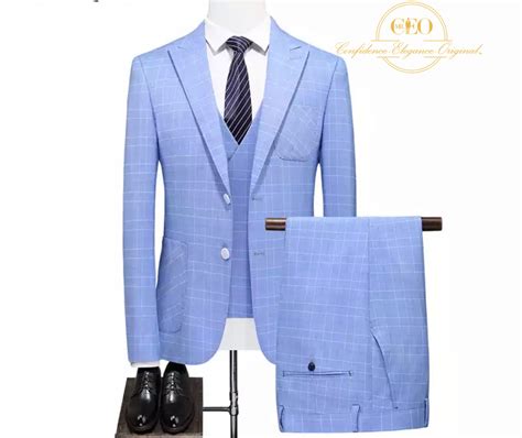 Piece Plaid Light Blue Single Breasted Ceo Suit Mr Ceo Collections