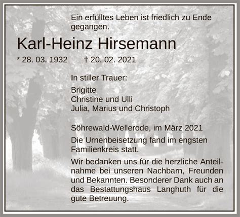 Traueranzeigen Von Karl Heinz Hirsemann Trauer HNA De