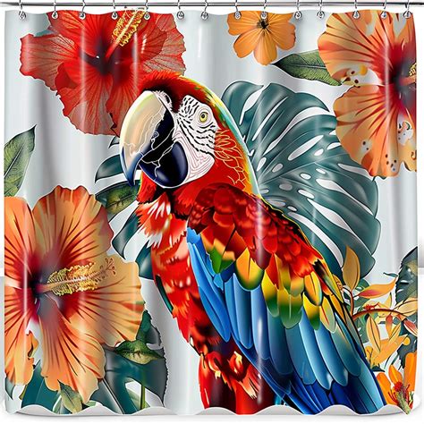 Tropical Macaw Parrot And Hibiscus Palm Tree Shower Curtain Set For