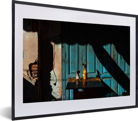 Fotolijst Incl Poster Deur Blauw Architectuur Vaas 60x40 Cm