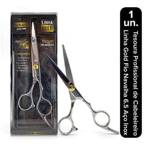 Tesoura De Barbeiro Profissional - Tesoura De Barbeiro Profissional Fio Navalha Gold 6.5 Aço Inox ...