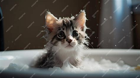 Premium Ai Image A Wet Kitten In The Bathtub With Foam And Water Splashing Close Up Generative Ai