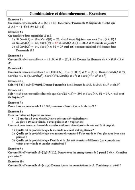 Combinatoire Et D Nombrement Exercices Combinatoire Et D Nombrement