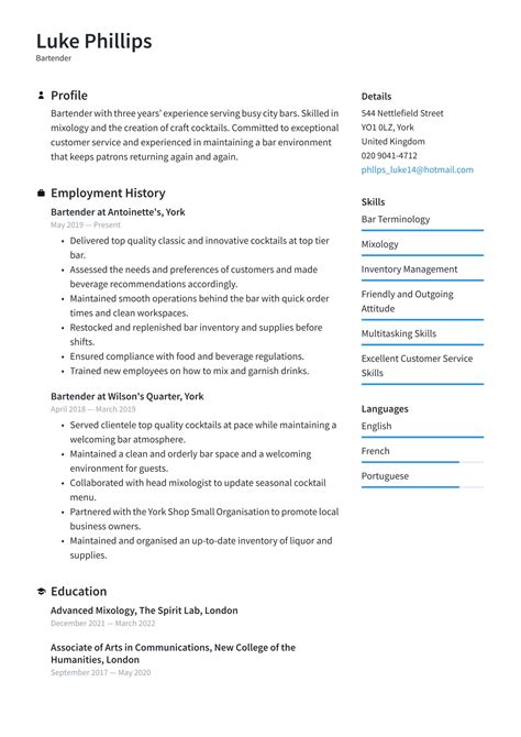 Bartender Cv Examples Uk Templates Resume Io