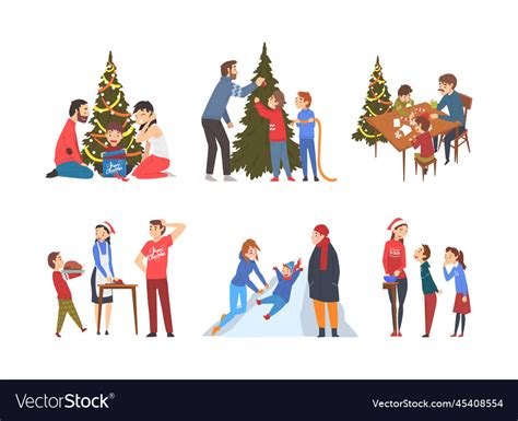 Set Of Happy Families Celebrating Christmas Vector Image