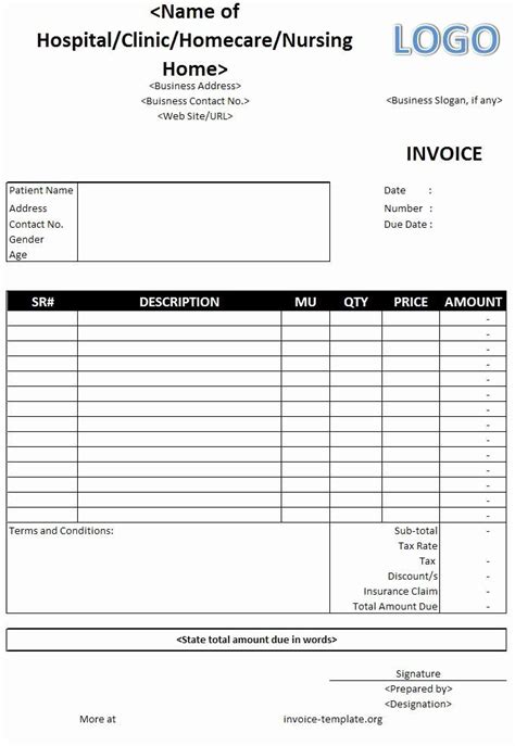 An Invoice Form For Hospital Workers With The Name And Number On It