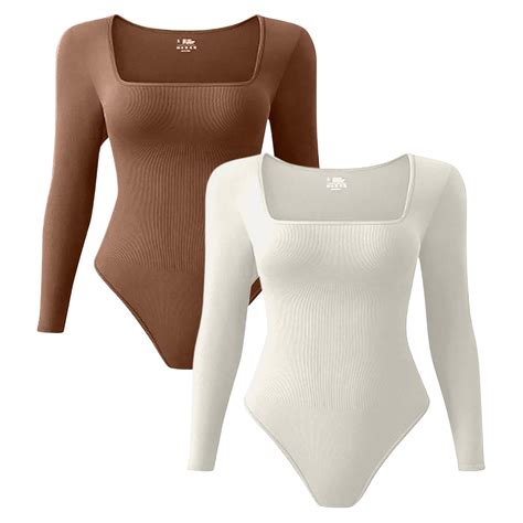 Women S 2 Piece Bodysuits Sexy Ribbed Square Neck Long Sleeve Bodysuits