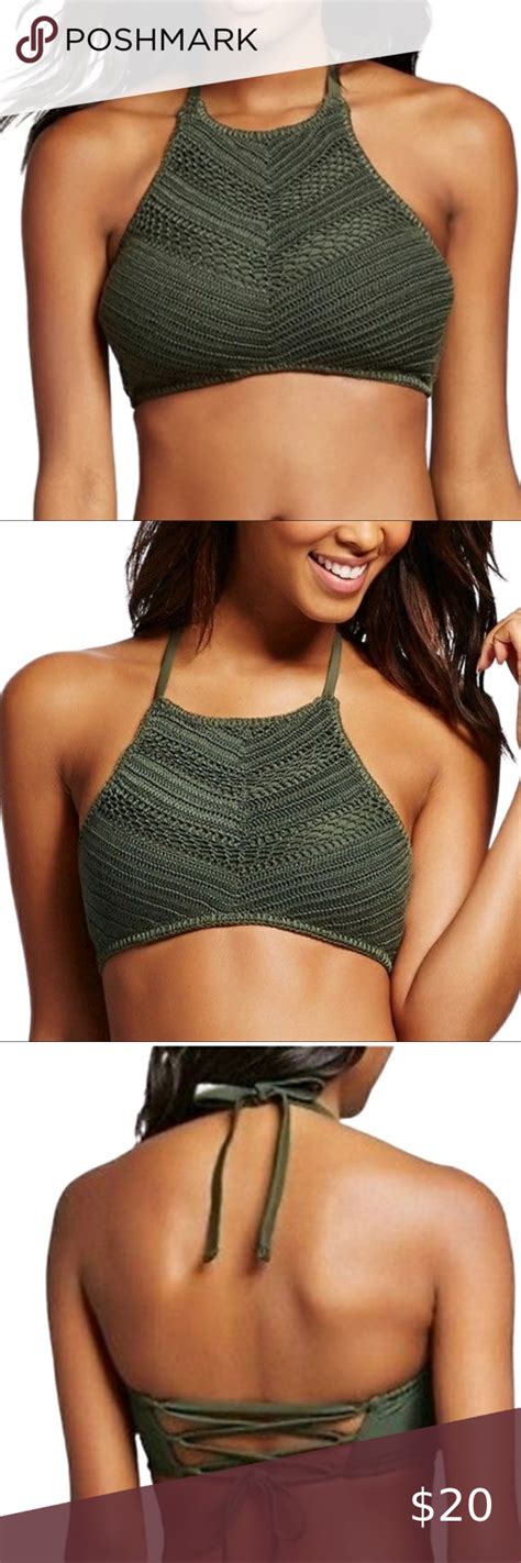 Crochet High Neck Halter Bikini Top Olive Green Bikini Tops Halter