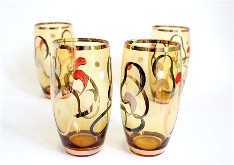 Vintage Cocktail Glasses Mid Century Highball Glasses Vintage Hand Painted Tumblers Set Of 4