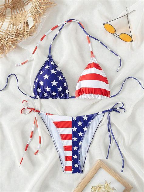 SHEIN Swim Summer Beach Women S American Flag Print Halterneck Strappy Bikini Set Th Of July