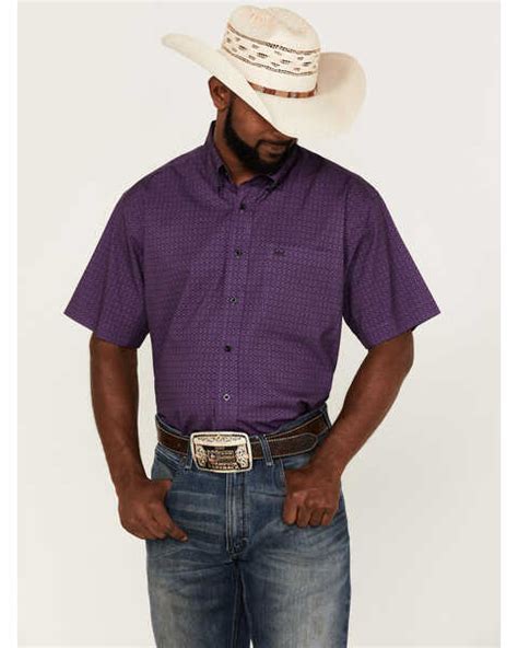 Cinch Mens Arena Flex Purple Geo Print Short Sleeve Button Down