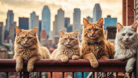 A Group Of Cats Resting On A Railing And Looking Out Over The City