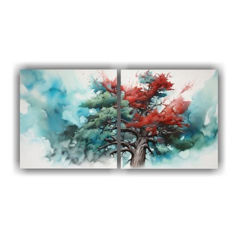 Pintura Abstracta De Colores Rojo Y Turquesa Inspirados En Un árbol De