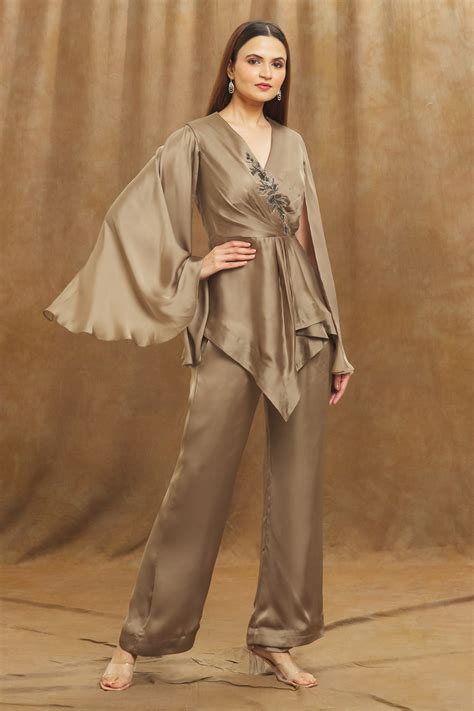 Buy Brown Satin Silk Embroidered Sequin V Neck Placement Tunic And Pant