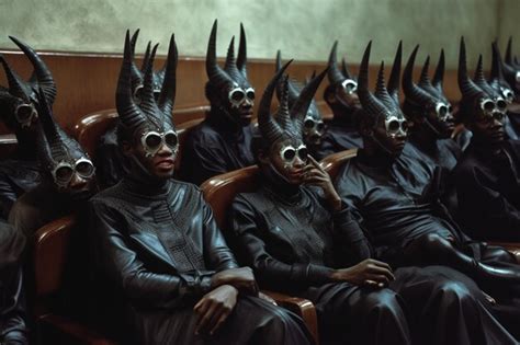 Premium Photo Several People Wearing Horned Masks Sit In A Row In A