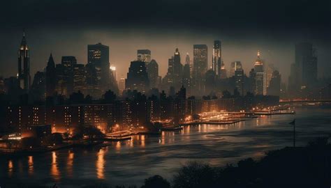 Illuminated City Skyline Reflects On Waterfront At Dusk Generated By Ai