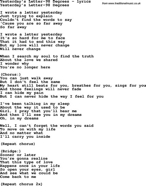 Love Song Lyrics for:Yesterday's Letter-98 Degrees