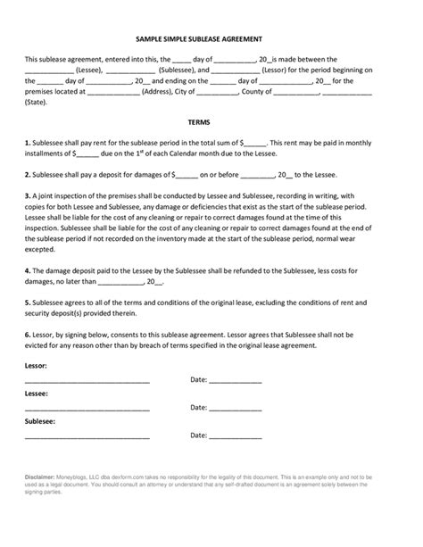 Simple Sublease Agreement Sample In Word And Pdf Formats