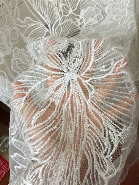 Clear Sequin Tulle Lace Fabric With Big Leaf Flower For Bridal Etsy