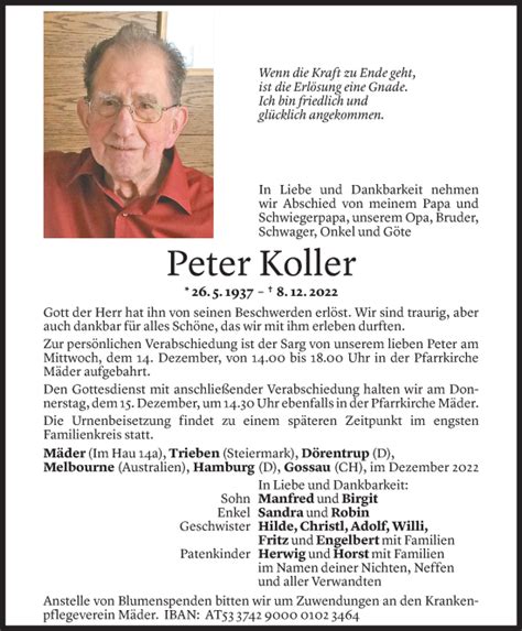 Todesanzeigen Von Peter Koller Todesanzeigen Vorarlberger Nachrichten