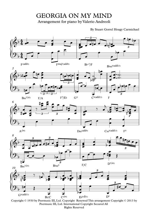 Georgia On My Mind Arr Valerio Andreoli By Ray Charles Sheet Music