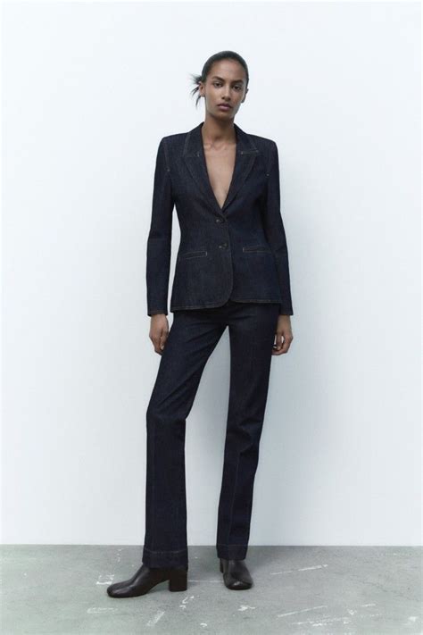 Zara Denim Blazer With Topstitching And Zw The High Rise Bootcut Jeans On
