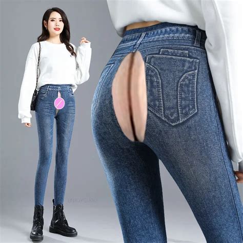 Outdoor Sex Jeans Sexy High Waist Pants Large Size Womens Trousers Invisible Open Crotch