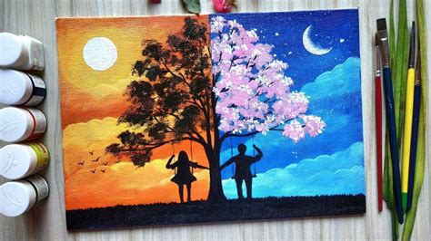 Day And Night Scenery Painting For Beginners With Acrylic Color