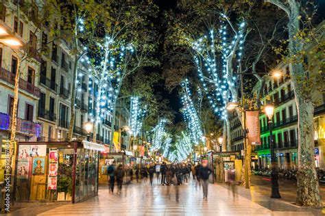 Night View Of La Rambla Street During Christmas Season La Rambla Is A