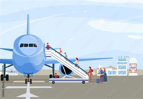 People Boarding Airplane Passengers Walking Up Ramp Plane On Airport Runway Vector