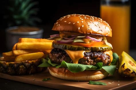 Premium AI Image | A burger with a side of fries and a drink