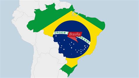 Brazil Map Highlighted In Brazil Flag Colors And Pin Of Country Capital