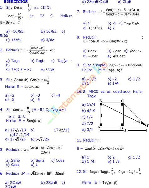 Identidades Trigonometricas De La Suma Y Diferencia De 2 Arcos Ejercicios Resueltos De Ángulo